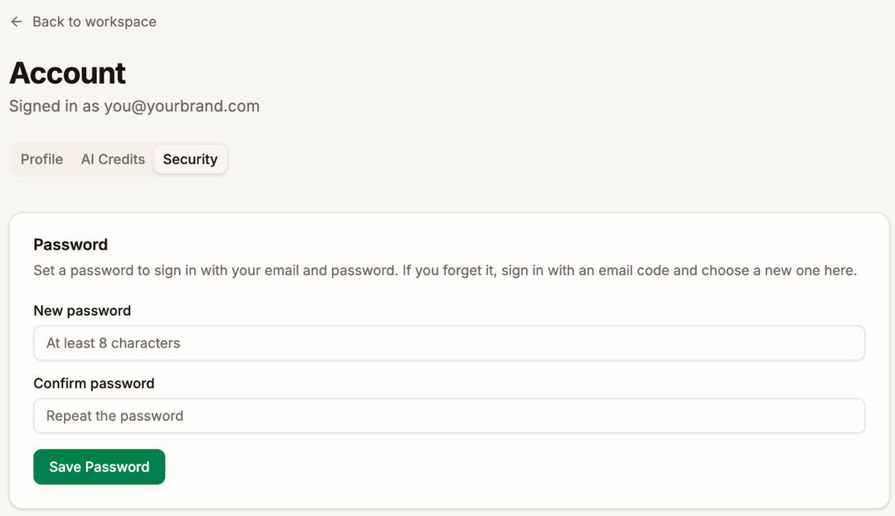 The Security tab of the Account page with the Password card, the New password and Confirm password fields, and the Save Password button