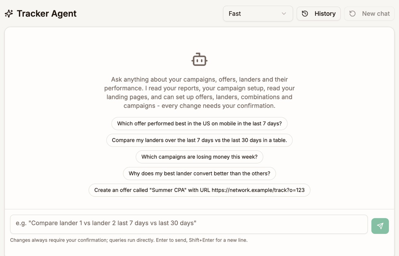 A new chat with the Tracker Agent, with the Fast mode selector, History and New chat buttons, five suggested questions, and the message box