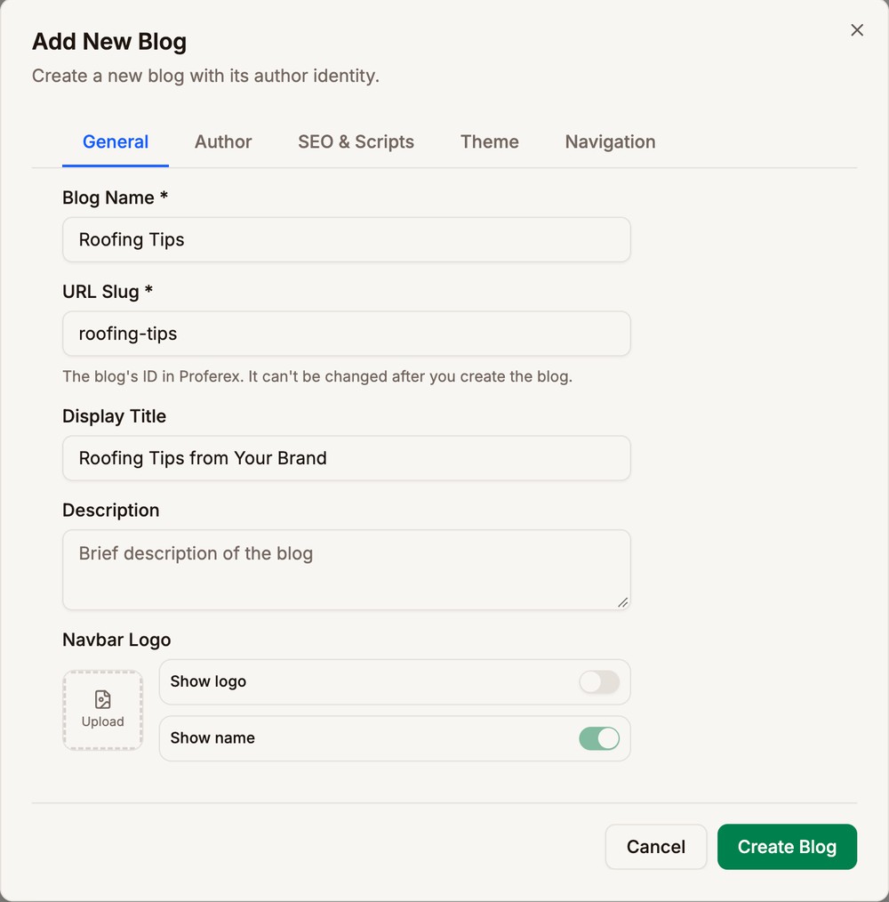 The General tab with Blog Name, URL Slug, Display Title, Description, and the Navbar Logo with its Show logo and Show name switches