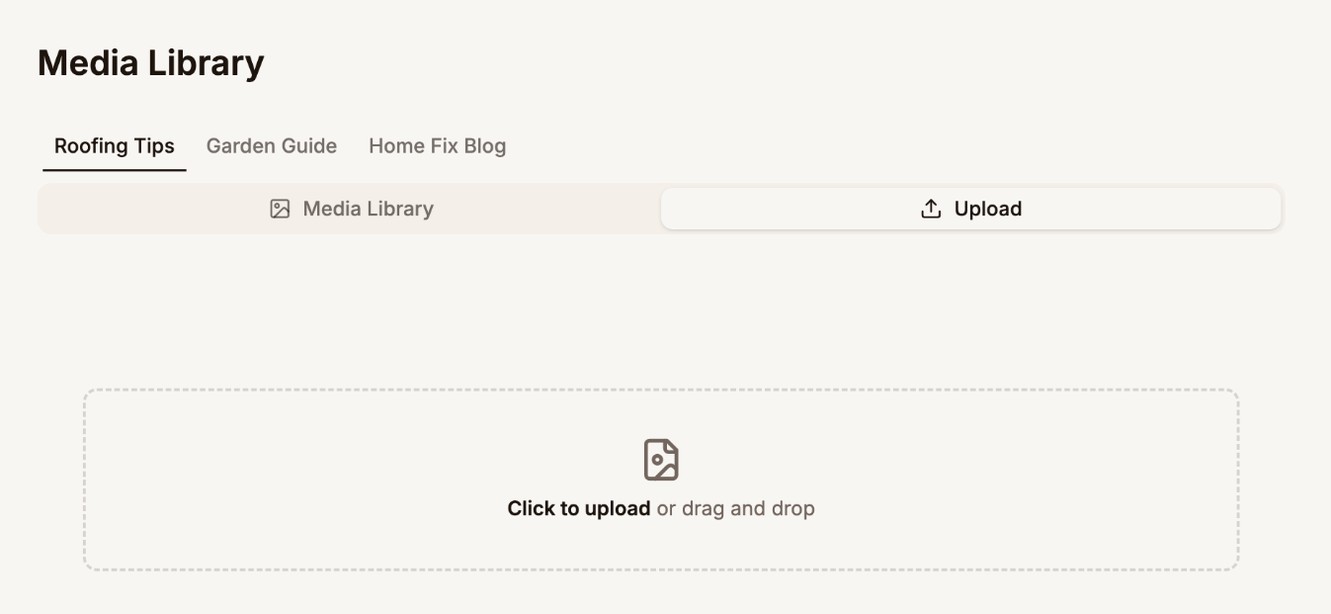The Upload tab of the Media Library, with the Click to upload area