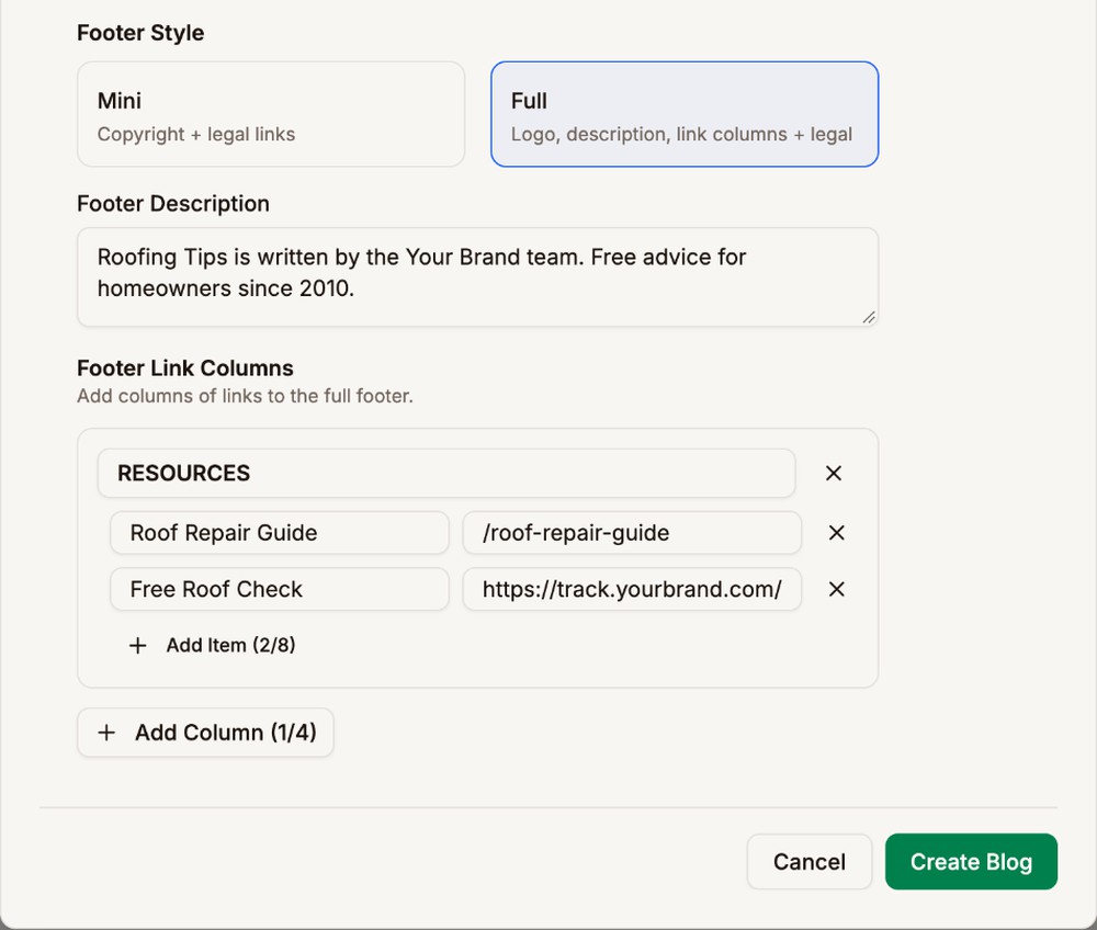 Footer Style set to Full, with a footer description and a RESOURCES column holding Roof Repair Guide and Free Roof Check links
