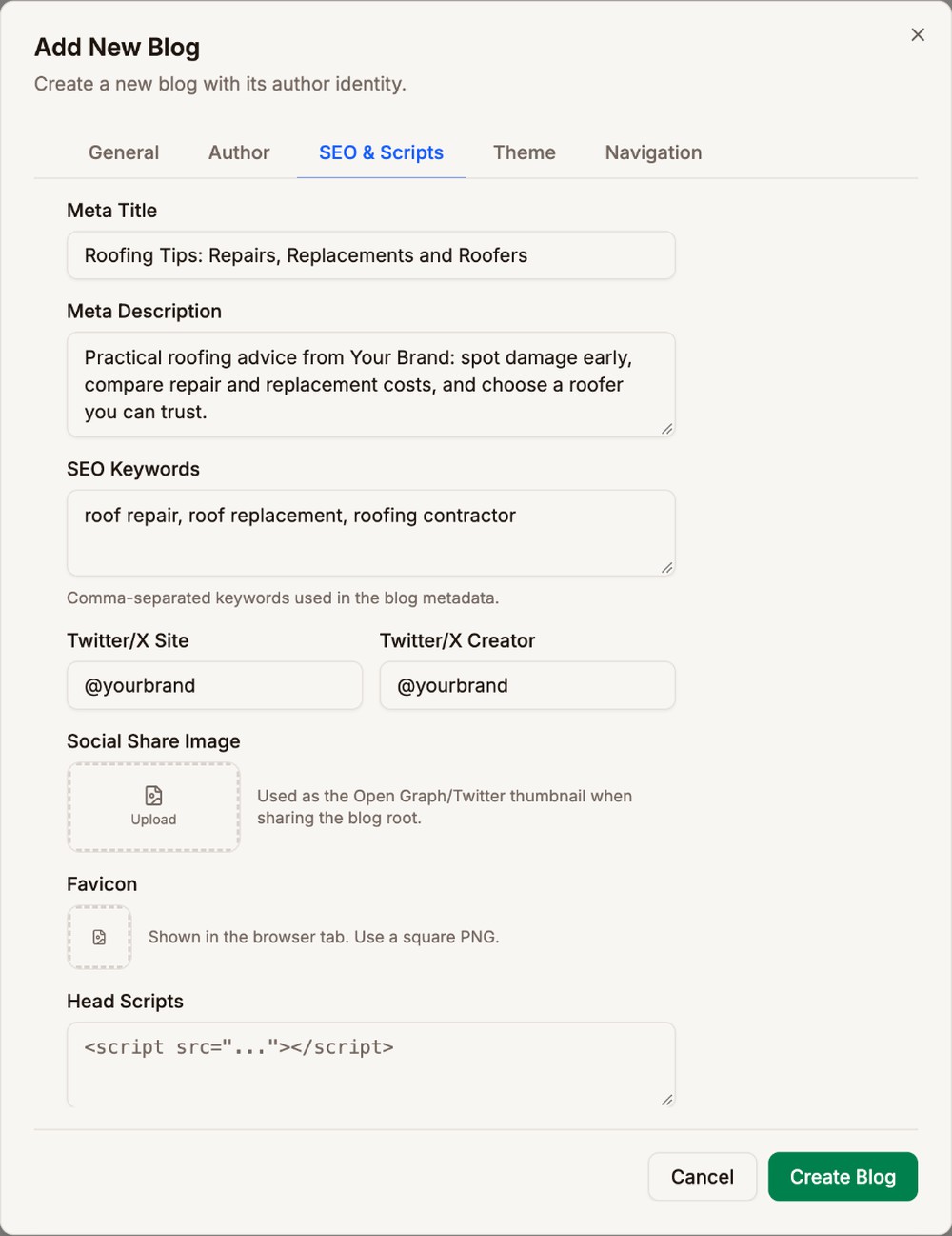 The SEO & Scripts tab with Meta Title, Meta Description, SEO Keywords, Twitter/X Site and Creator set to @yourbrand, Social Share Image, Favicon, and Head Scripts