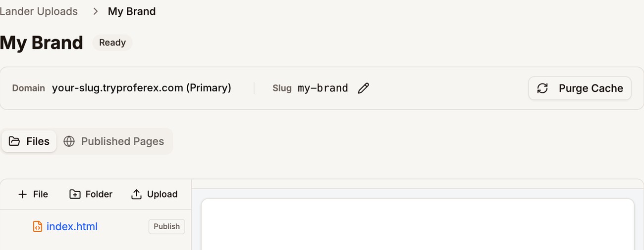 A new upload called My Brand with index.html in the file tree, and the File button and the Publish button outlined