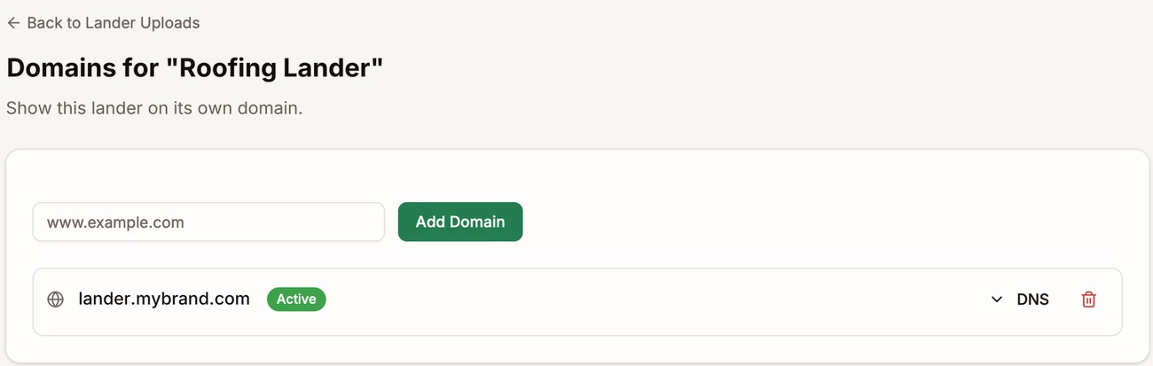 Domains for Roofing Lander with lander.mybrand.com marked Active