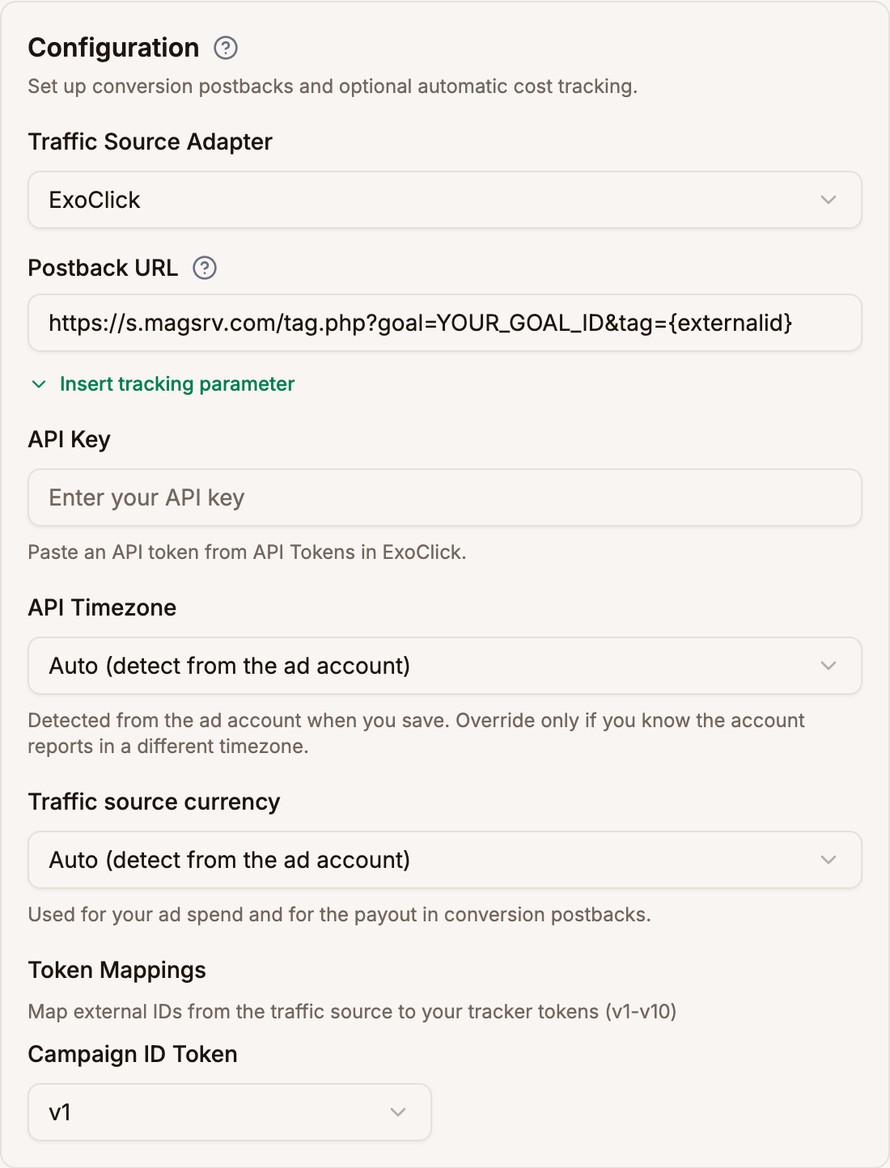 The ExoClick adapter selected, the postback URL with YOUR_GOAL_ID, the empty API Key field, API Timezone and Traffic source currency set to Auto, and Campaign ID Token set to v1