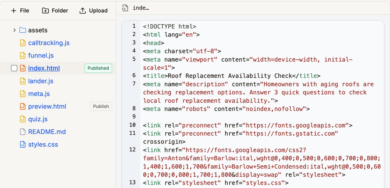 index.html open in the editor with its HTML and line numbers