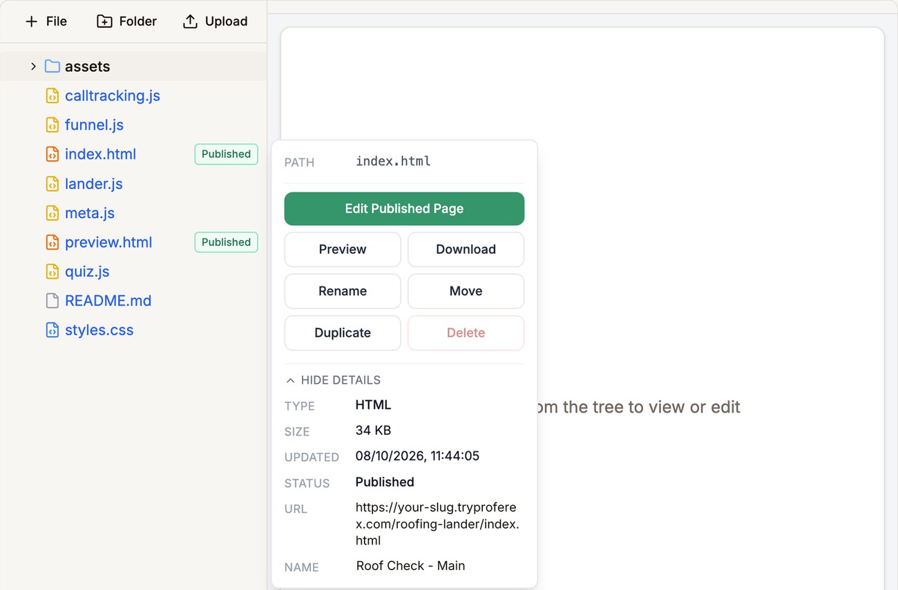 The menu for index.html in the File Manager, with the Rename and Duplicate buttons outlined