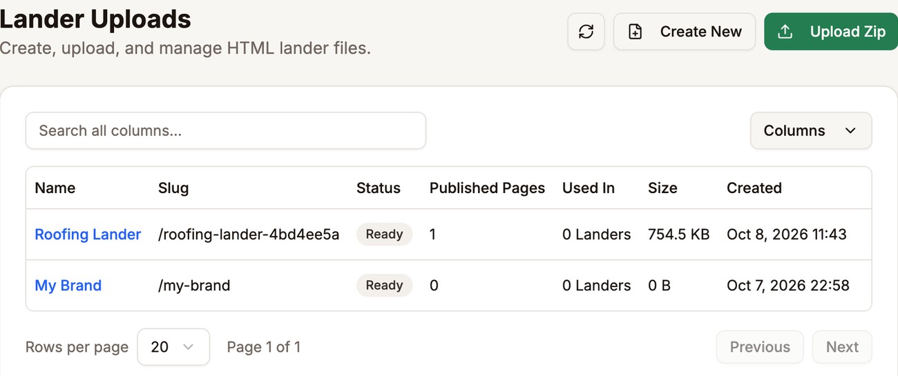 The Lander Uploads screen with Create New and Upload Zip buttons