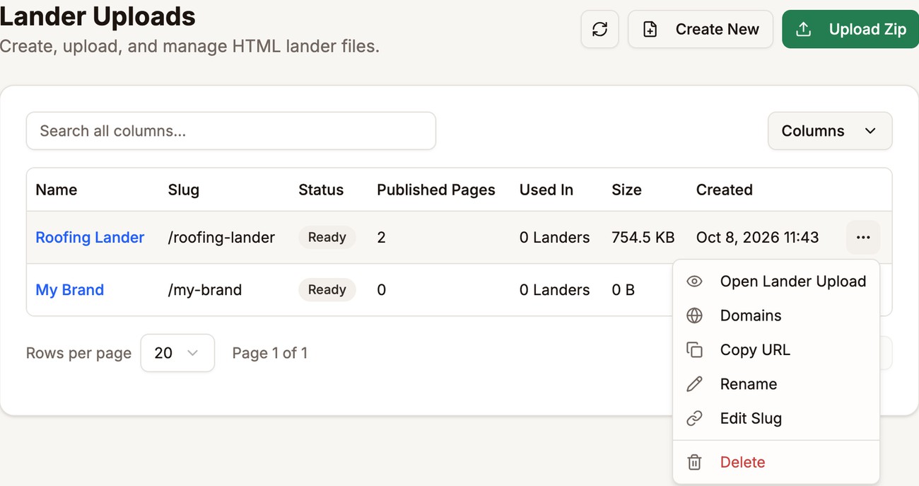 The row menu for Roofing Lander open with Open Lander Upload, Domains, Copy URL, Rename, Edit Slug, and Delete, with Copy URL outlined