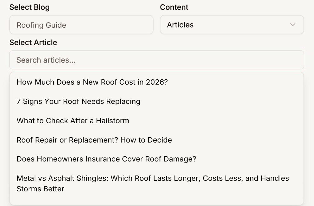 Select Article open, listing roofing articles such as How Much Does a New Roof Cost in 2026?