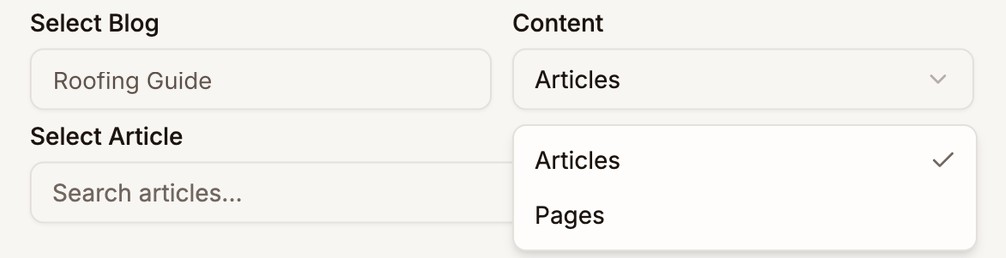Select Blog set to Roofing Guide, and the Content list open with Articles and Pages