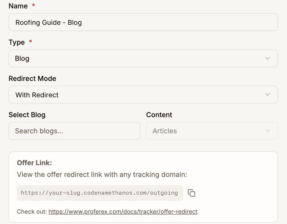 The Create New Lander form with Type set to Blog, Redirect Mode set to With Redirect, and Select Blog and Content outlined