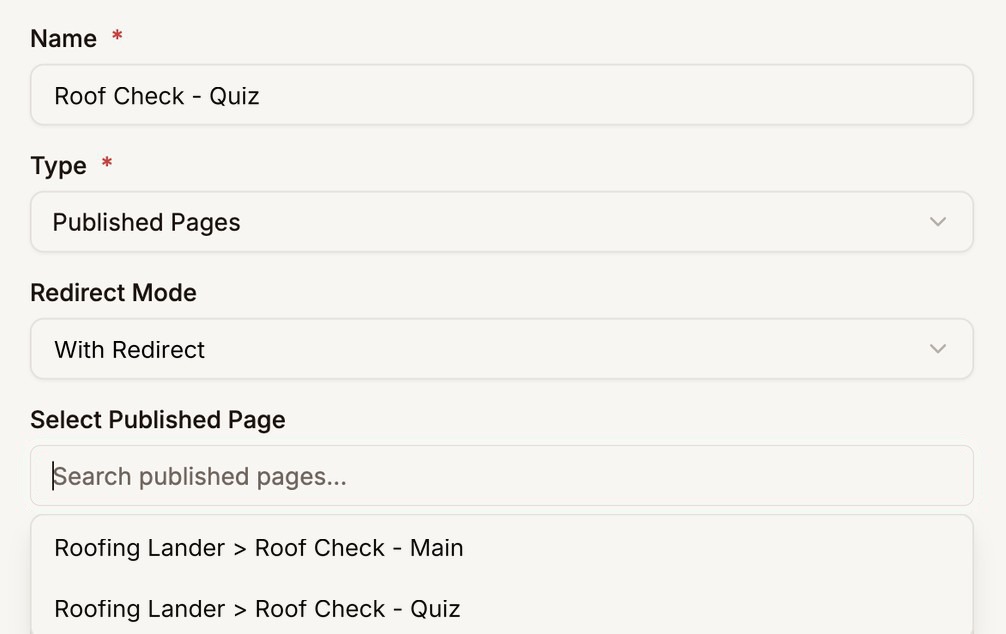The Select Published Page list open, showing Roofing Lander > Roof Check - Main and Roofing Lander > Roof Check - Quiz