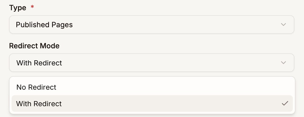 The Redirect Mode list open under Type, with No Redirect and With Redirect, and With Redirect selected