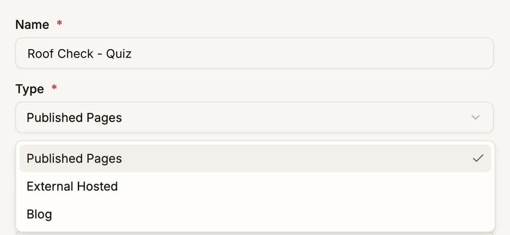 The Create New Lander form with the name Roof Check - Quiz and the Type list open, showing Published Pages, External Hosted, and Blog