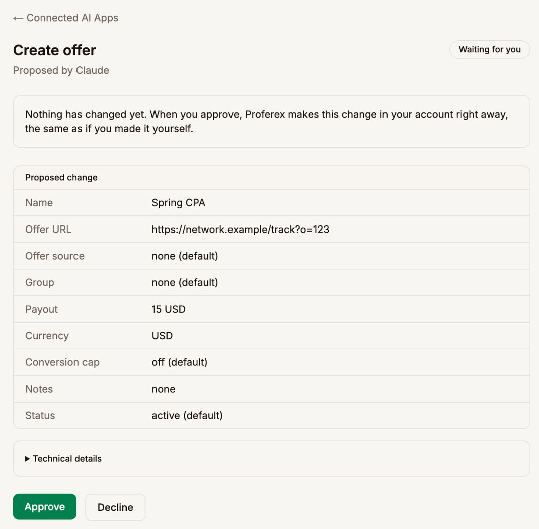 The Create offer approval page, proposed by Claude, showing the name, offer URL, payout and defaults, with Approve and Decline buttons