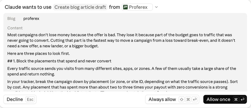 Claude asking to use Create blog article draft from Proferex, showing the blog and the article content, with Decline, Always allow and Allow once buttons