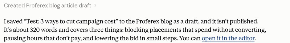 Claude confirming the article was saved to the Proferex blog as a draft, with a link to open it in the editor