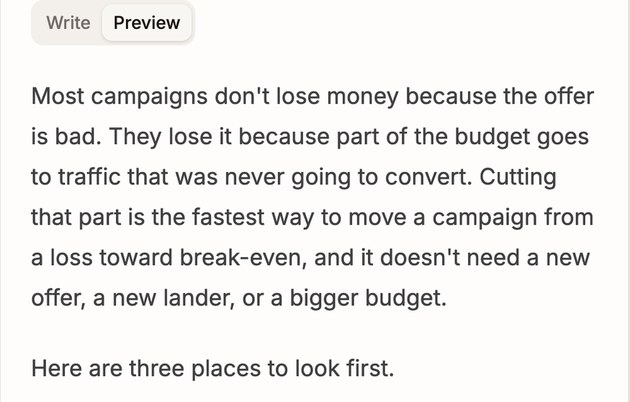 The draft open in the Proferex blog editor, in Preview