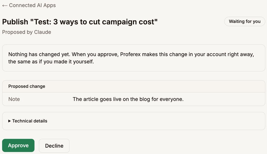 The approval page to publish the article, proposed by Claude, with Approve and Decline buttons