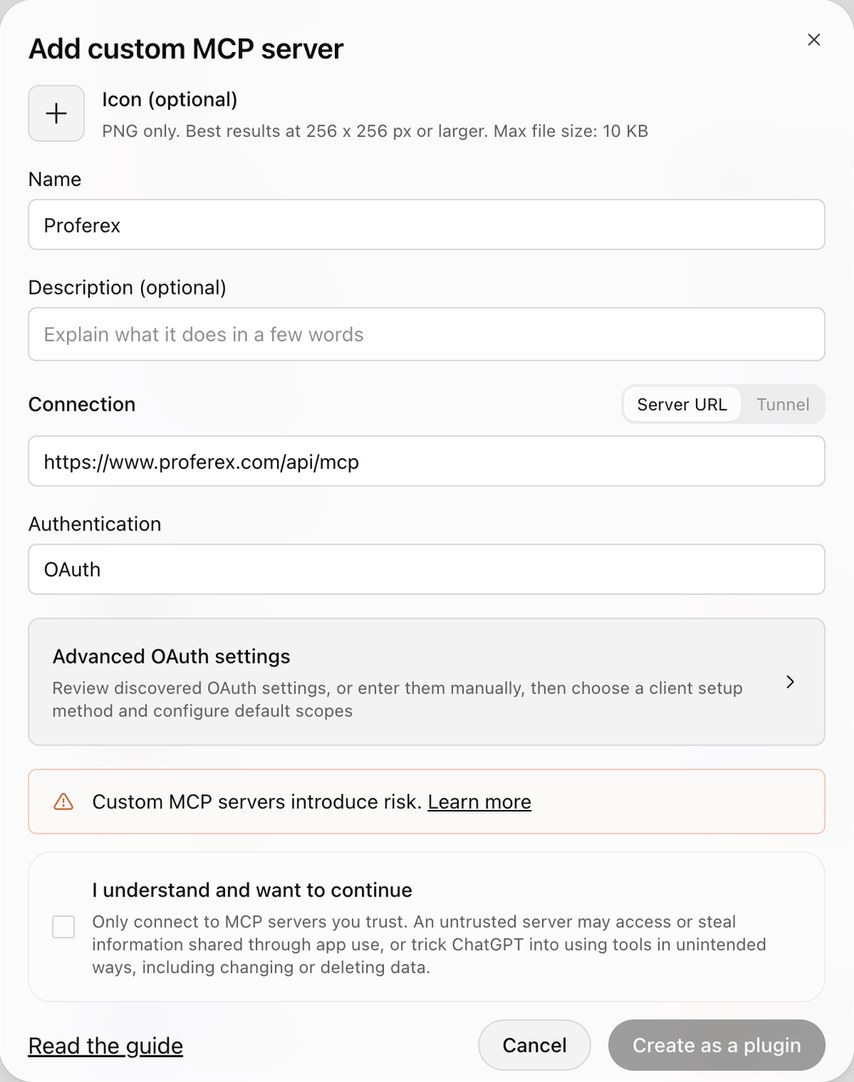 The ChatGPT Add custom MCP server form with the name Proferex, the Proferex server URL and OAuth authentication