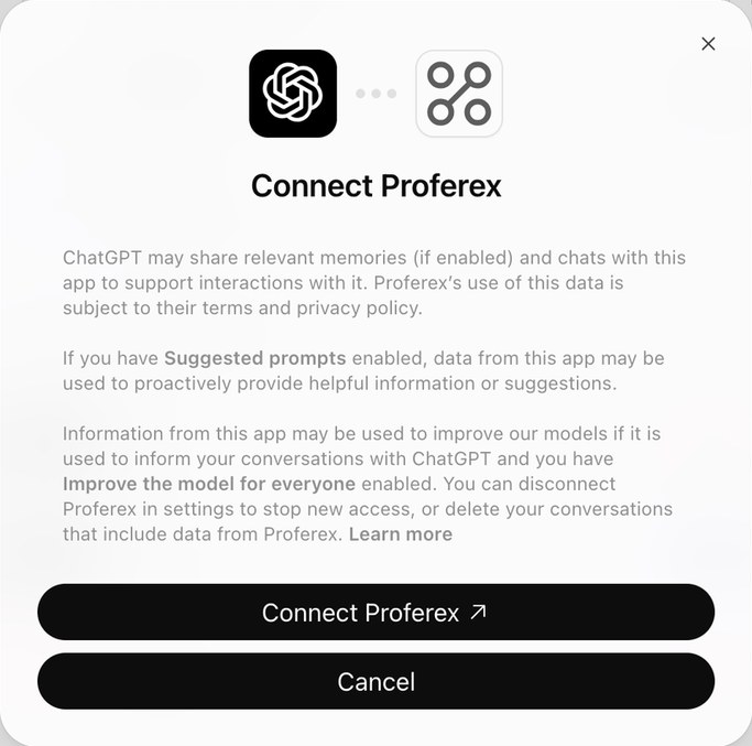 ChatGPT asking to Connect Proferex, with Connect Proferex and Cancel buttons