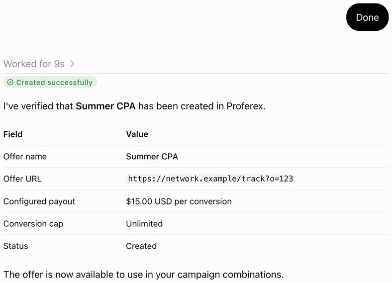 ChatGPT confirming Summer CPA was created successfully in Proferex