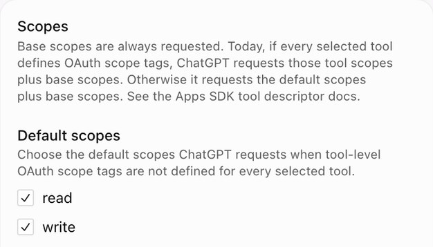 ChatGPT Default scopes with read and write both ticked