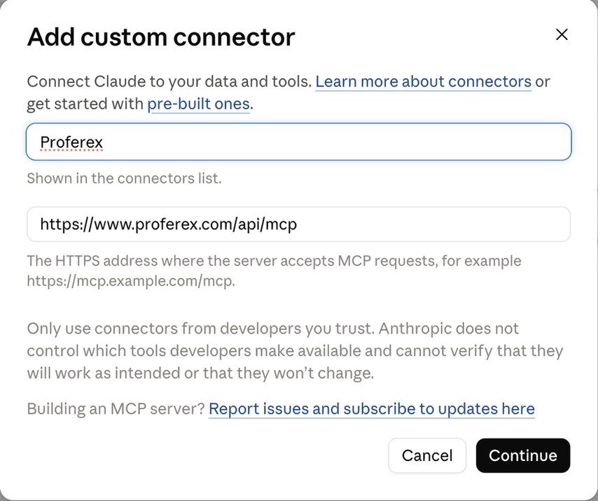 The Add custom connector dialog in Claude with the name Proferex and the URL https://www.proferex.com/api/mcp