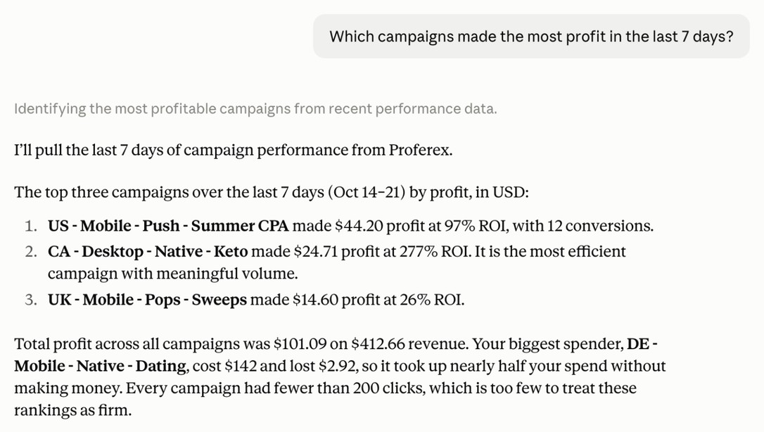 Claude listing the three most profitable campaigns of the last 7 days with profit and ROI, plus total profit and the biggest spender
