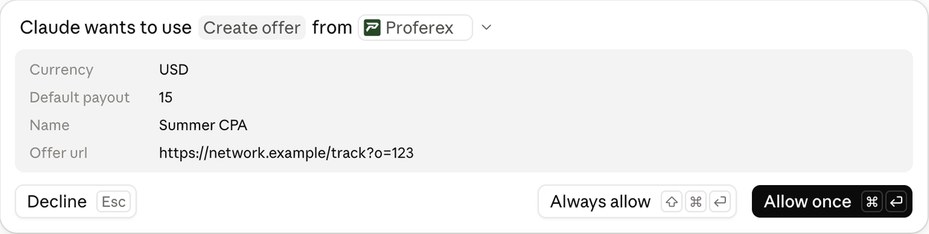 Claude asking to use Create offer from Proferex with the name, URL, payout and currency, and Decline, Always allow and Allow once buttons