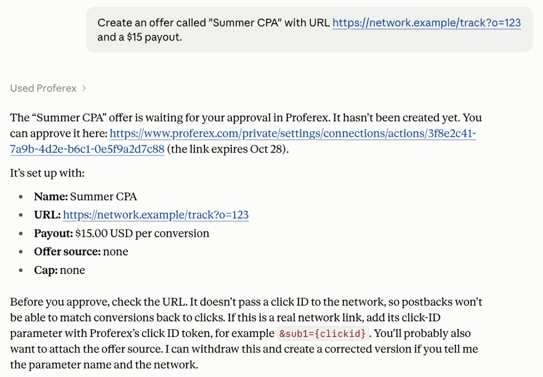 Claude saying the Summer CPA offer is waiting for approval in Proferex, with the approval link and the offer settings