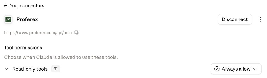 The Proferex connector in Claude with Read-only tools set to Always allow