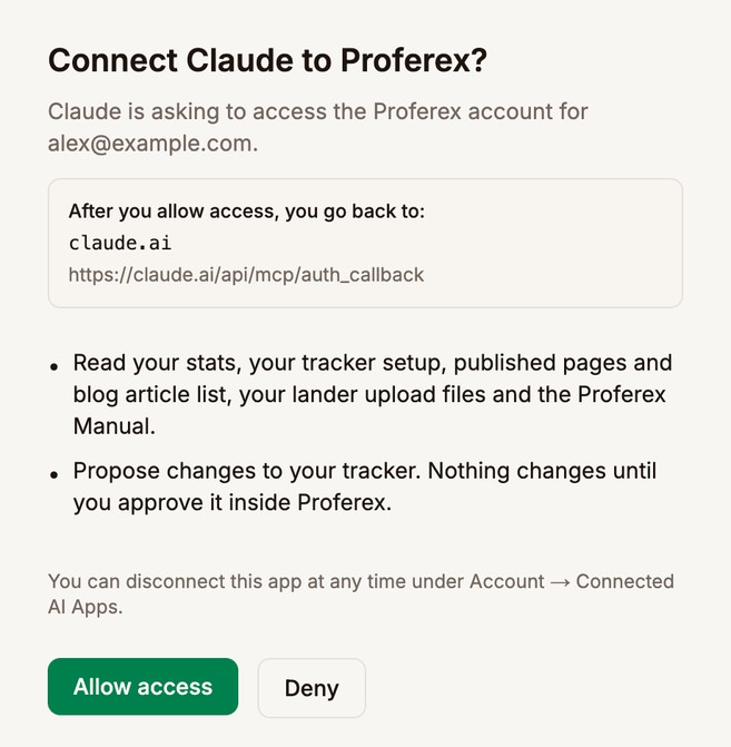 The Proferex page Connect Claude to Proferex? listing read access and proposing tracker changes, with Allow access and Deny buttons
