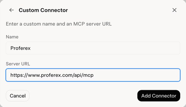The Grok Custom Connector form with the name Proferex and the Proferex server URL