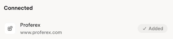 Proferex listed under Connected in Grok connectors, marked Added