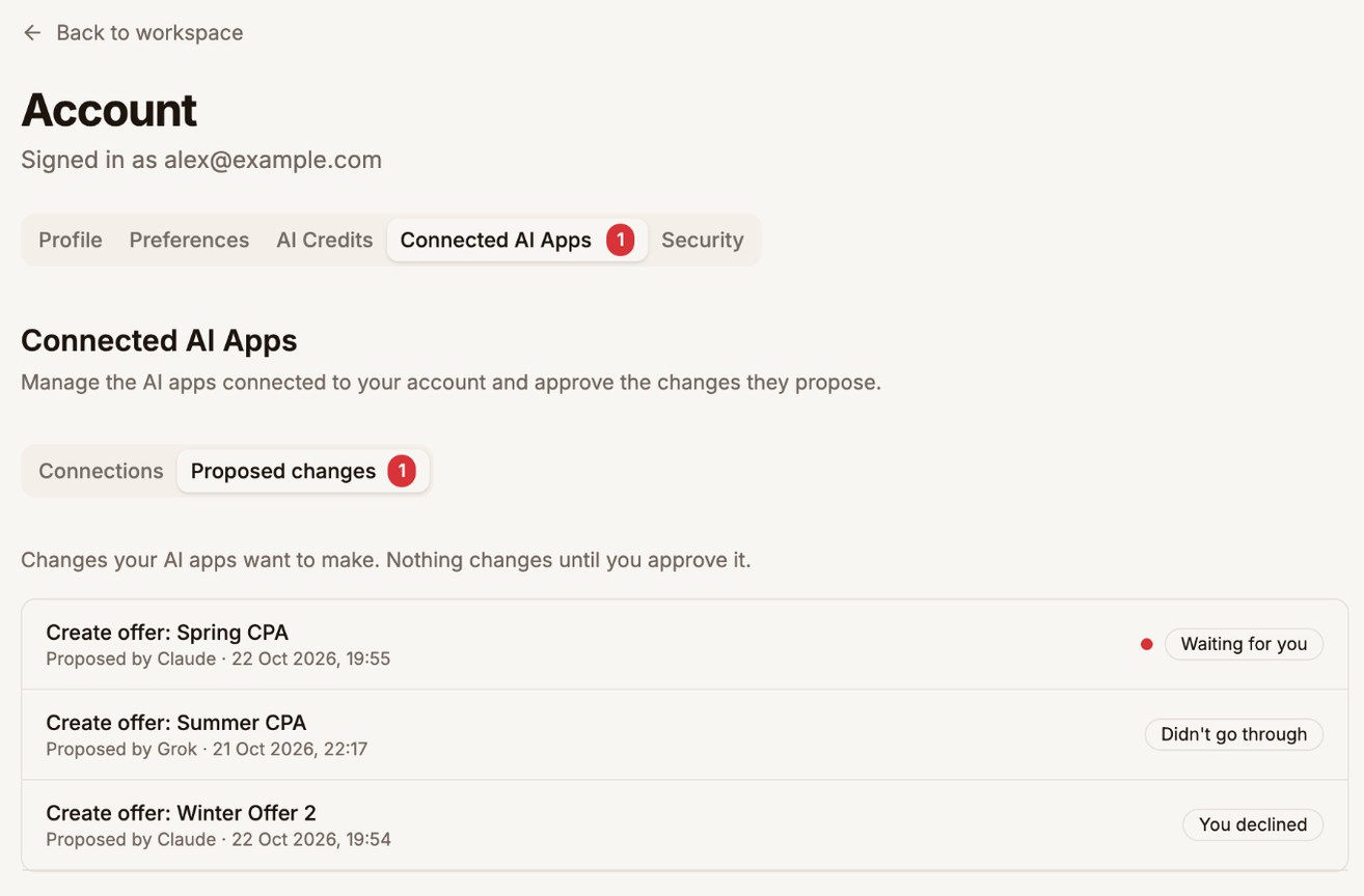 Account, Connected AI Apps, Proposed changes tab listing Create offer: Spring CPA proposed by Claude and waiting for you, a change from Grok that did not go through, and a declined change