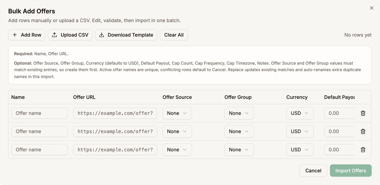 The Bulk Add Offers dialog with Add Row, Upload CSV, Download Template, and Clear All, and three empty offer rows
