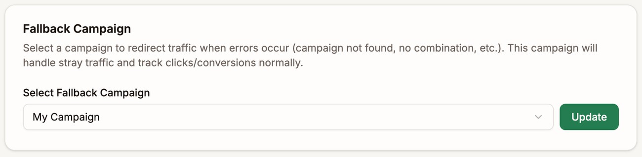 The Fallback Campaign card in Tracker Settings, with My Campaign selected and the Update button