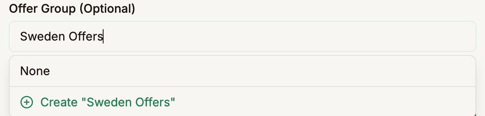 The Offer Group field with Sweden Offers typed in and the option Create Sweden Offers outlined