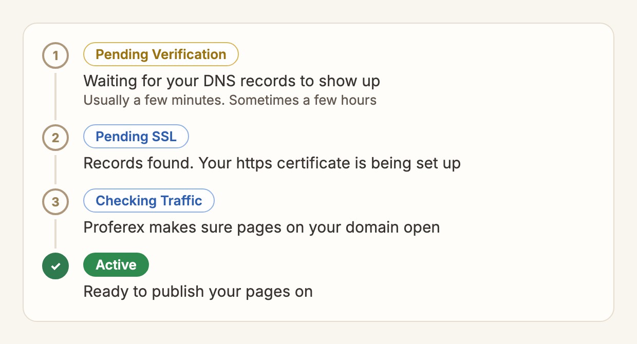 Domain status steps: Pending Verification, Pending SSL, Checking Traffic, then Active
