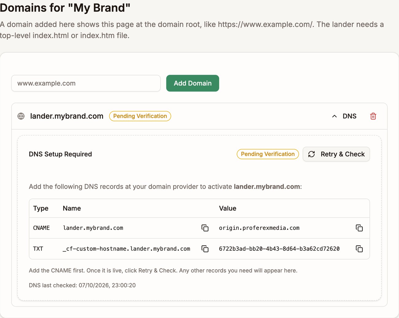 Domains for My Brand with lander.mybrand.com added, pending verification, and its DNS records listed