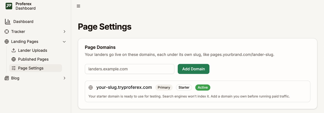 Page Settings selected under Landing Pages in the sidebar, and the starter page domain outlined