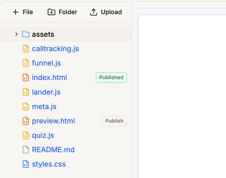 File tree with index.html marked Published and preview.html showing a Publish button