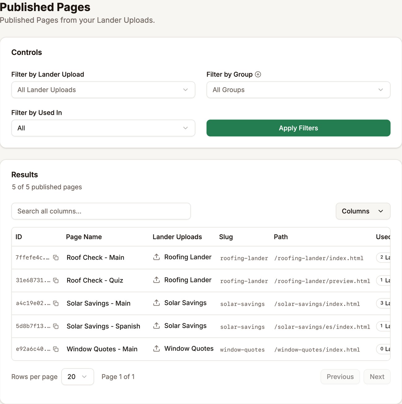 Landing Pages, Published Pages, with filters for upload, group, and use, and five pages from three uploads
