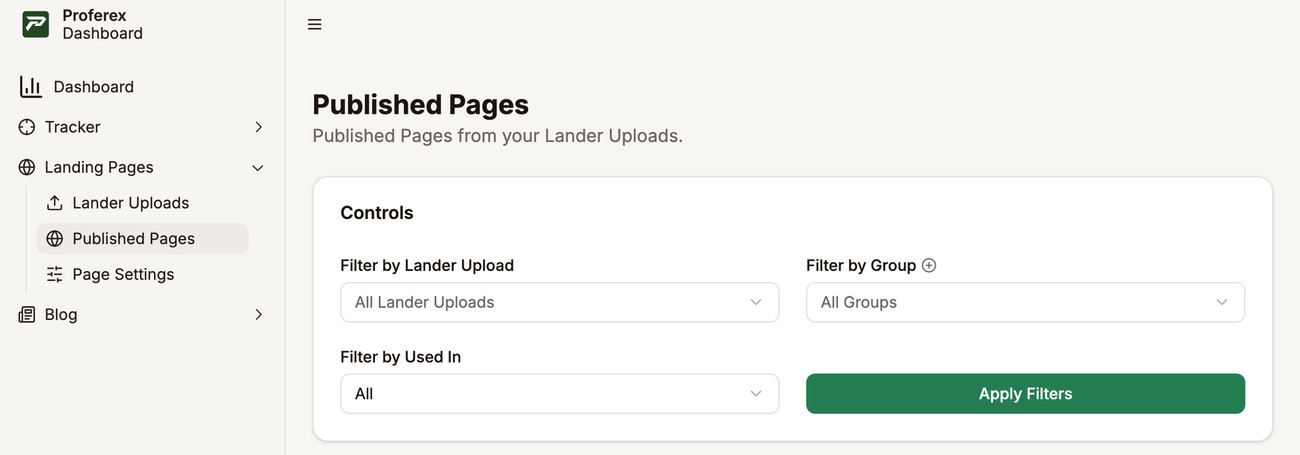 Published Pages selected under Landing Pages in the sidebar, with the filters for upload, group, and use
