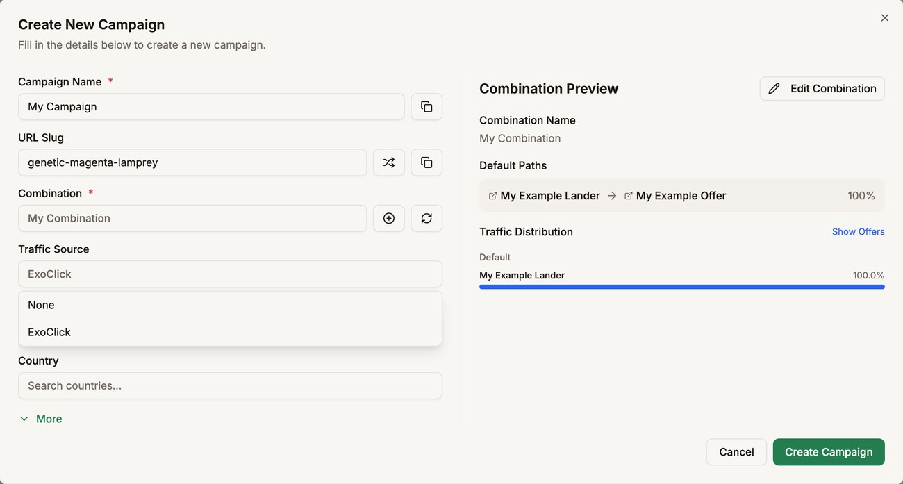 Traffic Source dropdown open with ExoClick listed