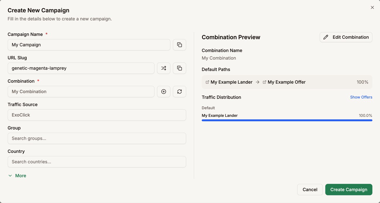 Completed campaign form with the Create Campaign button outlined