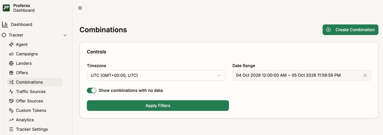 Combinations in the sidebar and the Create Combination button on the Combinations page