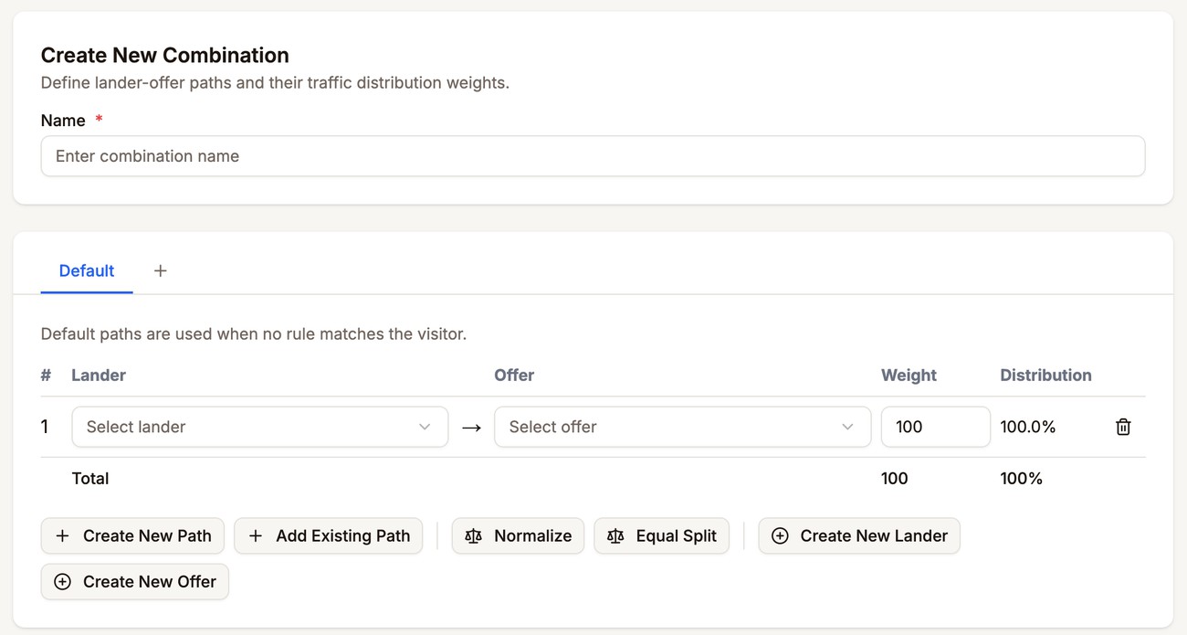 Create New Combination form with the Name field and the Default tab outlined